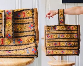 70s Vintage Embroidered Woven Tote Bag