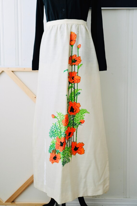 60s Alfred Shaheen Neon Orange Poppy Print Linen … - image 2