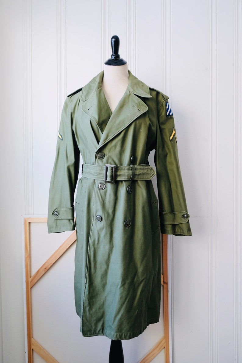Vintage Army Issue US Military Trench Coat with Patches Small Etsy