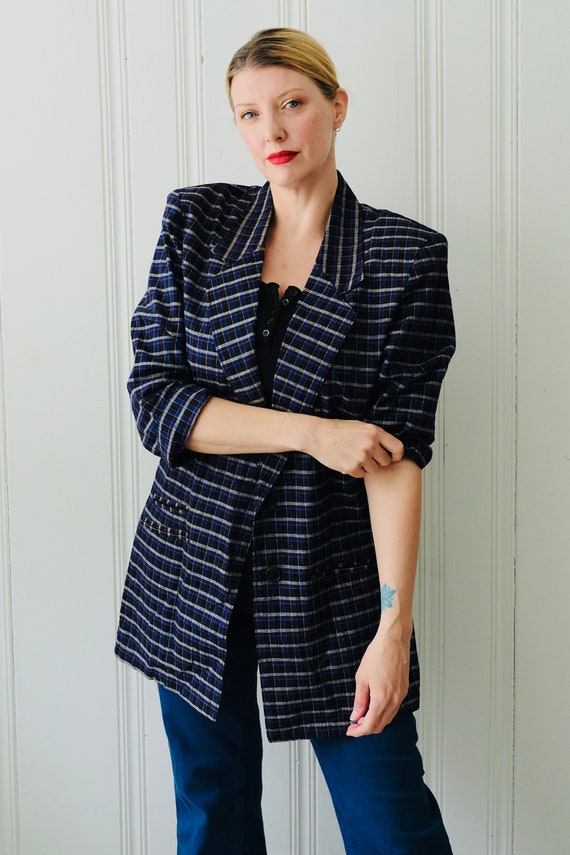 80s Vintage Bon Magique Navy Plaid Checkered Over… - image 2