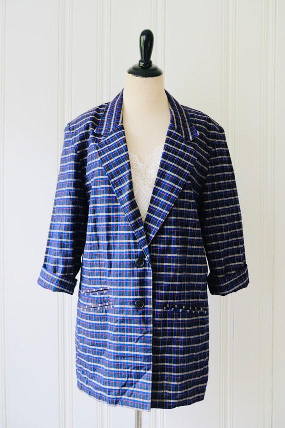 80s Vintage Bon Magique Navy Plaid Checkered Over… - image 4