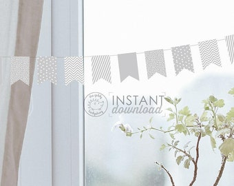 DIY Printable Banner Party Bunting Flags Polka Dot Chevron Stripes Confetti Patterns Gray Grey Cubicle Decorations Wall Hanging DOWNLOAD