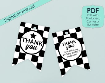 Printable DIY Tags Car Racing Custom Birthday Decorations Cars Party Favors Racecar License Thank You Goody Favor Labels Gift Editable PDF