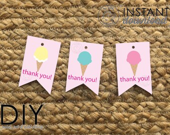 DIY Printable Ice Cream Favor Tags Party Favor Labels Goodie Bag Pink Ice Cream Cones Baby Girl Ice Cream Birthday Baby Shower Download