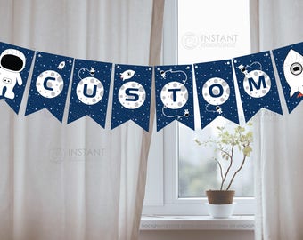 Banner Outer Space Custom Birthday Baby Shower Banner Sign Space Astronaut Planets Bunting Flags Decoration Printable DOWNLOAD