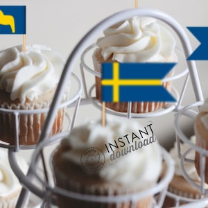 DIY imprimible bandera sueca Dala Caballos Pequeños Cupcake Toppers Aperitivo Palillo Banderas Suecia Svenska Flaggor Flaggan Dalahäst DESCARGAR