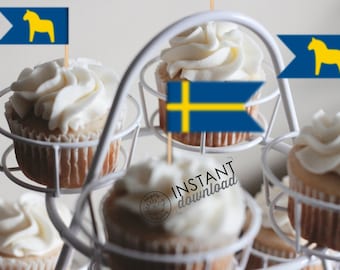Bandera sueca Dala Caballos Pequeños Cupcake Toppers Aperitivo Palillo Banderas Suecia Svenska Flaggor Flaggan Dalahäst Imprimible DESCARGAR