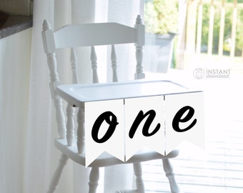 Printable DIY Banner Black & White ONE Highchair Baby First Baby 1st Birthday Highchair Skirt Sign Bunting Cake Smashing Photo Prop DOWNLOAD