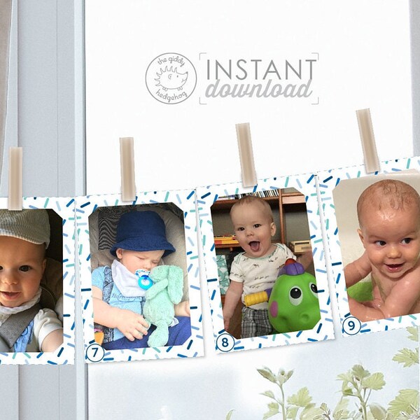 Ages Photo Banner Printable DIY 1st Birthday Monthly Numbers Boy Blue First Year Display Baby Sprinkle Wall Frame Card Decorations DOWNLOAD