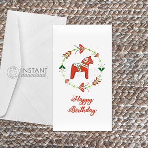 Printable Dala Horse Card Greetings Birthday God Jul Christmas Swedish Thank You Greetings Small 6.75 Envelope Printables Instant Download