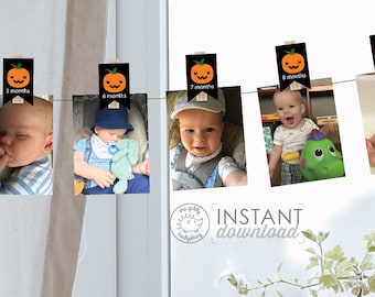 DIY Printable Banner 0-12 Month Number Halloween Photo Decorations Monthly Baby Photo Display Favor Bag BOY 1st Birthday DOWNLOAD
