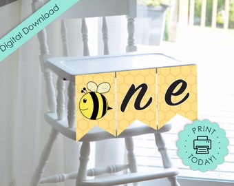 Printable DIY Banner Bumble Bee Party Decorations Numbers Highchair Baby Chair Sign Birthday ONE First Birthday Honey DOWNLOAD