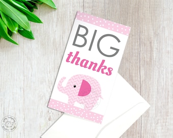 Printable DIY Thank You Cards Baby Shower Greeting Girl Elephant Baby Sprinkled Congrats Pink Party Supplies INSTANT DOWNLOAD