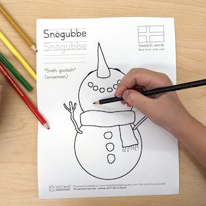 DIY Printable Swedish Snowman Coloring Page Learn Language Tracing Letters Worksheet Kids Sweden Svensk Målarbok Målarsida Instant Download