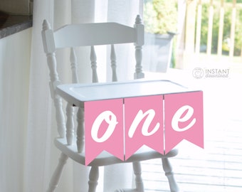 Printable DIY Banner Pink One Sign Highchair Girl First Birthday Baby 1st Birthday Highchair Skirt Bunting Cake Smashing Photo Prop DOWNLOAD