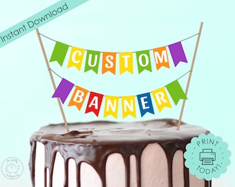 Banner imprimible DIY, adorno para tarta personalizado, arcoíris, casa de muñecas personalizada, colores primarios, decoración para fiesta, cumpleaños, boda, banderines SVG, DESCARGAR