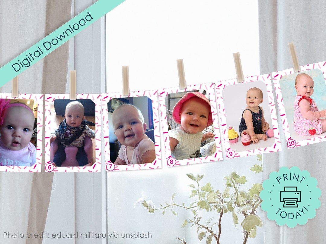 Printable DIY Banner 1st Birthday Photo Monthly Numbers Girl Baby Pink