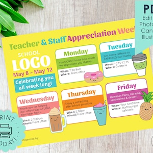 Printable DIY Teacher Appreciation Flyer Teacher&#39;s Week Schedule PTA Poster School Staff Party Editable Pdf Template Instant DOWNLOAD