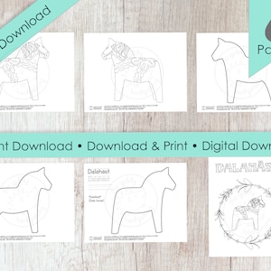 May include: A printable coloring page set featuring six different designs of the traditional Swedish Dala horse. The set includes a title page with the word "DALAH&Auml;ST" in bold letters, and five pages with various Dala horse designs, including a simple outline, a detailed design with intricate patterns, and a Dala horse within a wreath.