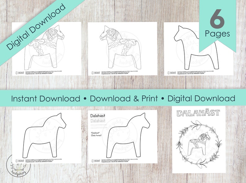 May include: A printable coloring page set featuring six different designs of the traditional Swedish Dala horse. The set includes a title page with the word "DALAH&Auml;ST" in bold letters, and five pages with various Dala horse designs, including a simple outline, a detailed design with intricate patterns, and a Dala horse within a wreath.