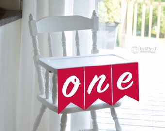 Printable DIY Banner Red & White ONE Highchair Baby First Birthday Baby 1st Birthday Highchair Skirt Sign Cake Smashing Photo Prop DOWNLOAD