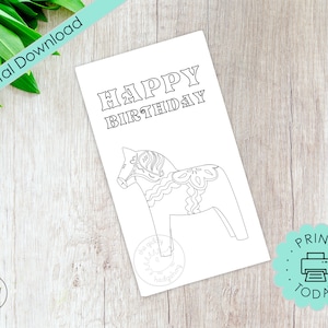 DIY Printable Dala Horse Card Greeting Birthday God Jul Swedish Christmas Thank You Congrats Greetings Coloring Page 6.75 Envelope Download
