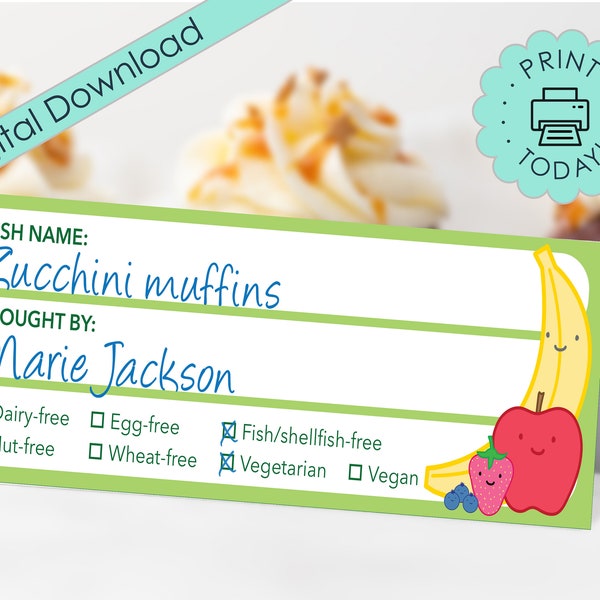 DIY Printable Food Tents Allergy Form Kawaii Fruit Party Menu Cards Potluck Ingredients Cute Fruit Healthy Food Dinner Decorations DOWNLOAD