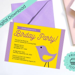Convite para imprimir faça você mesmo Dia do Pássaro 5x7 Cartão de aniversário de passarinho 1º aniversário Roxo A7 Editável Download instantâneo PDF digital Ilustrador