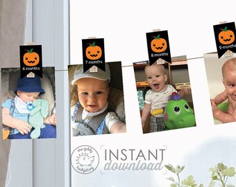 Printable 0-12 Month Clothespin Halloween Photo Decorations, Monthly Baby Photo Display, Favor Bag Clips, BOY 1st Birthday, Instant Download