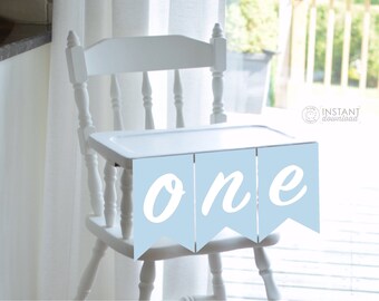 Banner Blue & White ONE Highchair Baby First Birthday Baby 1st Birthday Highchair Skirt Sign Cake Smashing Photo Prop Printable DOWNLOAD