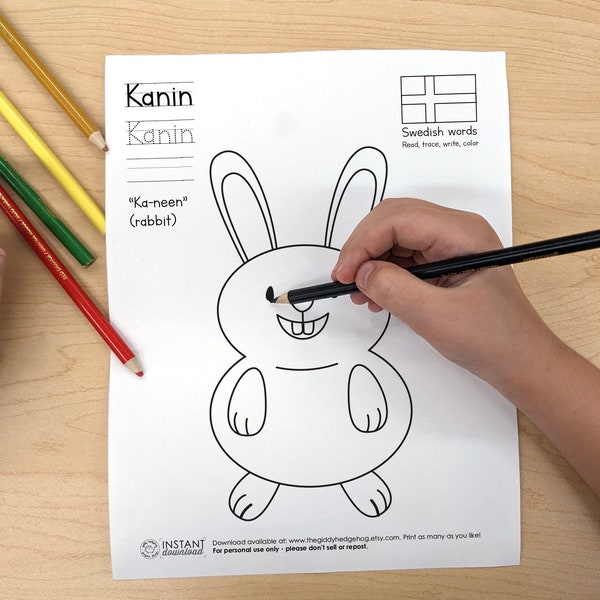 DIY Printable Swedish Rabbit Coloring Page Learn Language Tracing Letters Worksheet Kids Sweden Svensk Målarbok Målarsida Instant Download