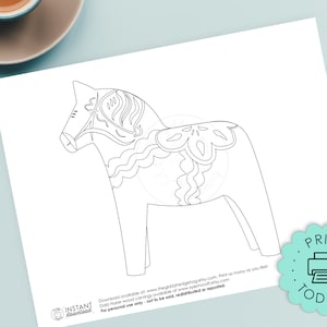DIY Printable Dala Horse Coloring Book Page Craft Illustration Swedish Kids Adults Dalahorse Pattern Template Instant Download Printables