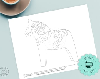 May include: A black and white line drawing of a traditional Swedish Dala horse, a popular folk art motif. The horse is decorated with intricate patterns and details, perfect for coloring.