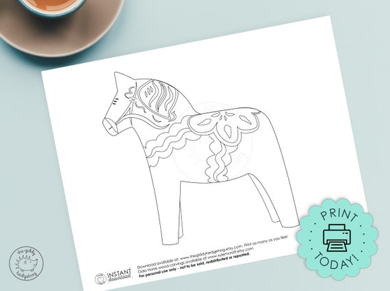 DIY Printable Dala Horse Coloring Book Page Craft Illustration Swedish Kids Adults Dalahorse Pattern Template Instant Download Printables