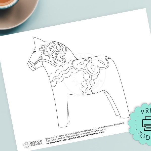 DIY Printable Dala Horse Coloring Book Page Craft Illustration Swedish Kids Adults Dalahorse Pattern Template Instant Download Printables