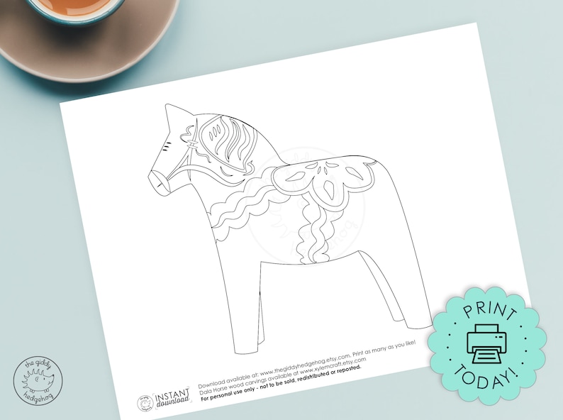 May include: A black and white line drawing of a traditional Swedish Dala horse, a popular folk art motif. The horse is decorated with intricate patterns and details, perfect for coloring.