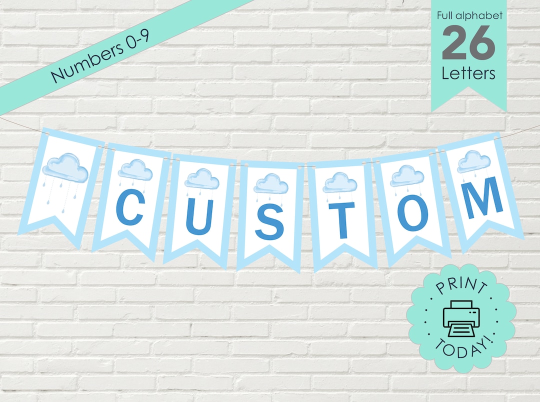 DIY Printable Banner Baby Sprinkle Blue Rain Clouds Showers Custom Baby