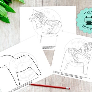 May include: Three printable coloring pages featuring a traditional Swedish Dala horse. The first page shows a detailed outline of the horse with intricate patterns. The second page shows a simplified outline of the horse. The third page shows a blank outline of the horse.