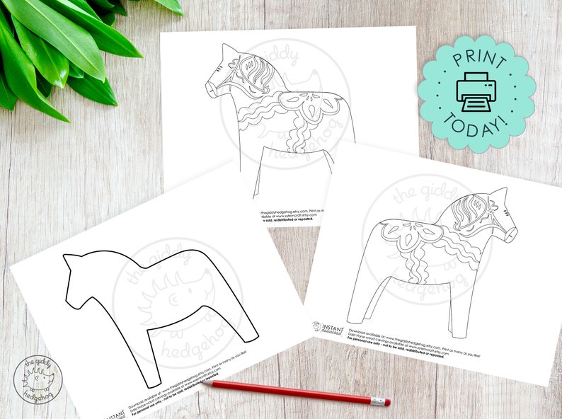 May include: Three printable coloring pages featuring a traditional Swedish Dala horse. The first page shows a detailed outline of the horse with intricate patterns. The second page shows a simplified outline of the horse. The third page shows a blank outline of the horse.
