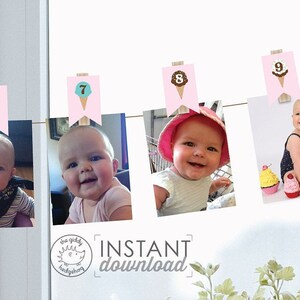DIY Printable Banner Ice Cream Party Decorations Number Photo Display Pink Cones Girl First Birthday Year Numbered Photos Baby 1st DOWNLOAD