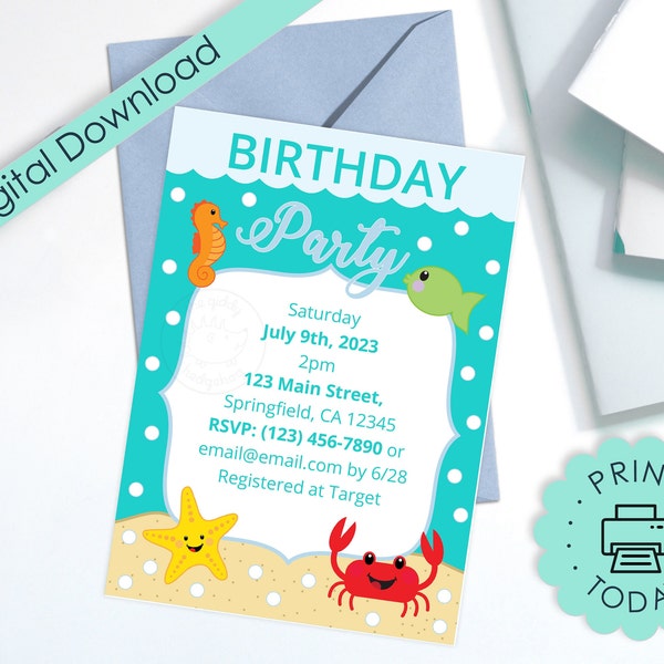 Printable DIY Invite Ocean Birthday Beach Party Teal Aqua Under the Sea Invitation Editable Canva Template PDF Digital Instant DOWNLOAD