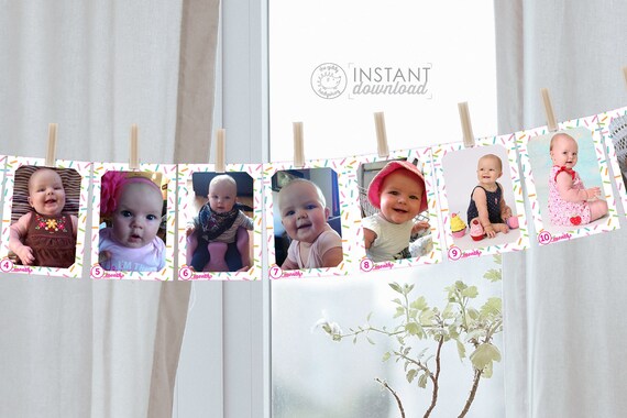 Printable Diy 1st Birthday Photo Banner Monthly Photos Girl Etsy