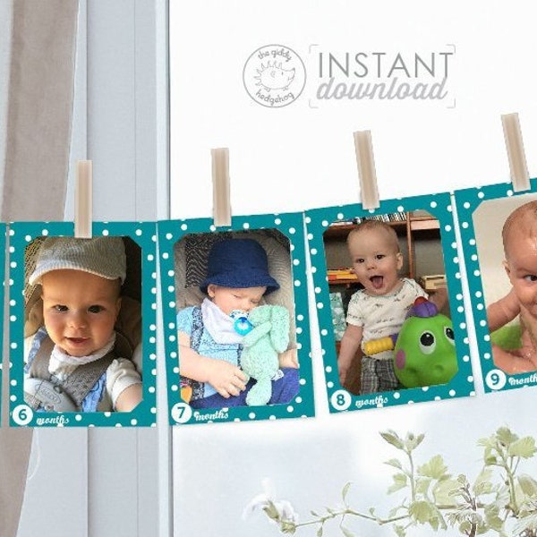 Printable DIY Banner 1st First Birthday Photo Monthly Photos Turquoise Teal Aqua First Year Photo Display Baby Boy Wall Decoration DOWNLOAD