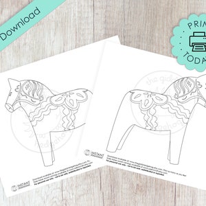 May include: Two printable coloring pages featuring a black and white outline of a traditional Swedish Dala horse. The horse has intricate details and is ready to be colored in.