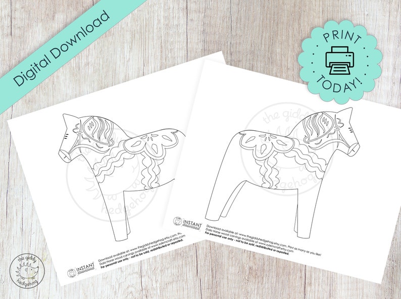 May include: Two printable coloring pages featuring a black and white outline of a traditional Swedish Dala horse. The horse has intricate details and is ready to be colored in.
