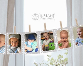 Banner 1st Birthday Photo Monthly Photos Gray Grey First Year Photo Display Baby Boy First Birthday Shower Decoration Printable DOWNLOAD