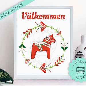 Dalapferd Wand Kunst Druck Schwedisches Dalapferd Välkommen Willkommensschild Svensk Dalahäst Digital Printable Volkskunst Weihnachten Scandi Jul Download