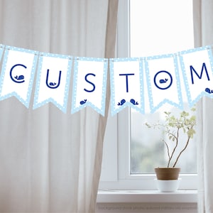 Banner stampabile fai da te con balena sotto il mare, nome personalizzato, cartello di compleanno sull&#39;oceano, decorazioni per feste in stile nautico per baby shower e alfabeto, buona guarigione SCARICA
