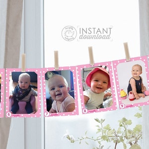 Pink Baby Girl 1st Birthday Photo Banner, First Year Monthly Photos Garland (Digital Download)