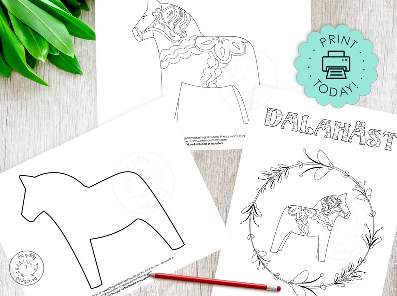 May include: Printable coloring pages featuring a traditional Swedish Dala horse. The pages include a simple outline of the horse, a more detailed design, and a Dala horse within a floral wreath. The text "Dalah&auml;st" is written in a decorative font.